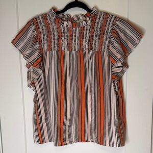 Marie Oliver Silk & Cotton Smocked Striped Ruffle Sleeve Top - large